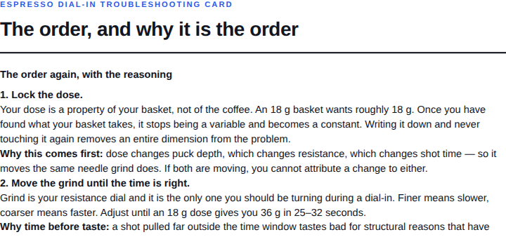 Page 3 of Espresso Dial-In Troubleshooting Card — The order, and why it is the order